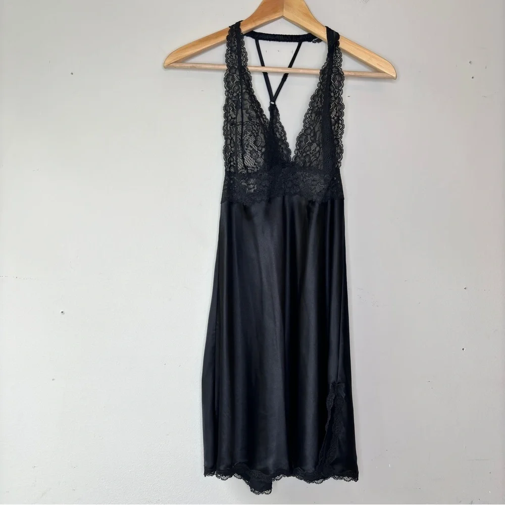 Vicoria's Secret Black Satin Lace Slip Dress Babydoll Lingerie Nightgown Size M - Picture 11 of 11